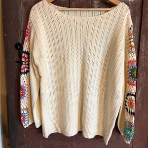 SHEIN Cream Sweater with Multicolor Crochet Sleeves